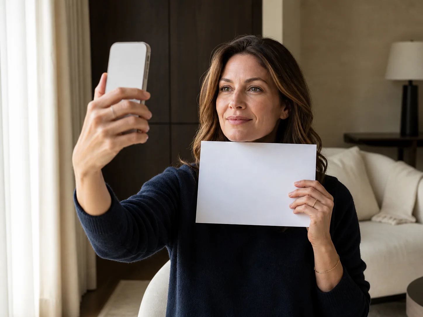 Woman holding a white reference card beneath her chin while using Frame Atelier color analysis on her phone