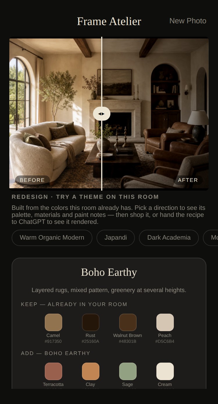 The real redesign board showing a theme applied to an analyzed room