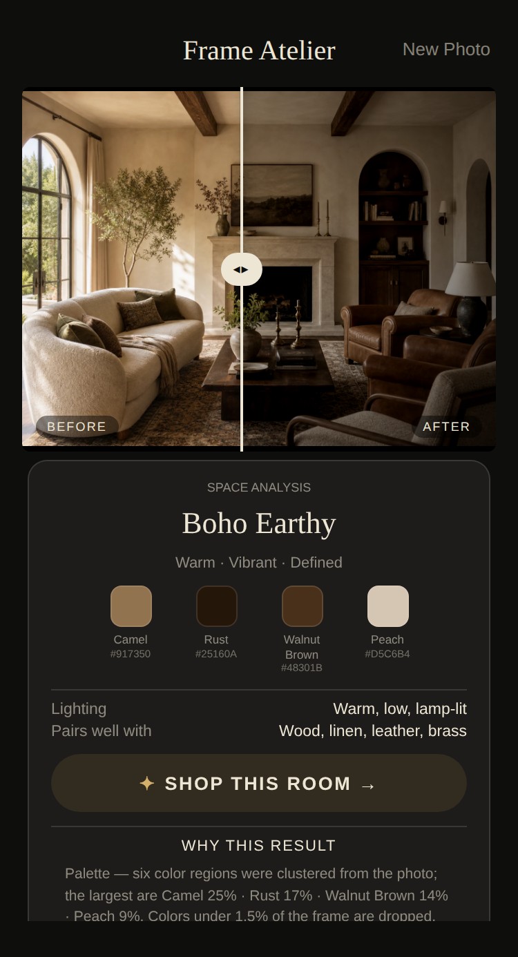 The real Room Analysis card with named palette, lighting and Shop This Room